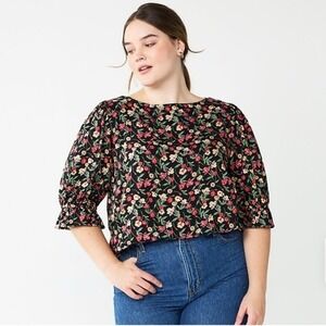 Draper James RSVP New Plus Size 1X Cinched Elbow Sleeve Top Black Ditsy Floral